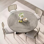 Table à manger ronde de 120 cm pour 4 personnes, table de salle à manger industrielle avec plateau en bois et base en métal pour salle à manger ou salon, gris (SANS chaises)