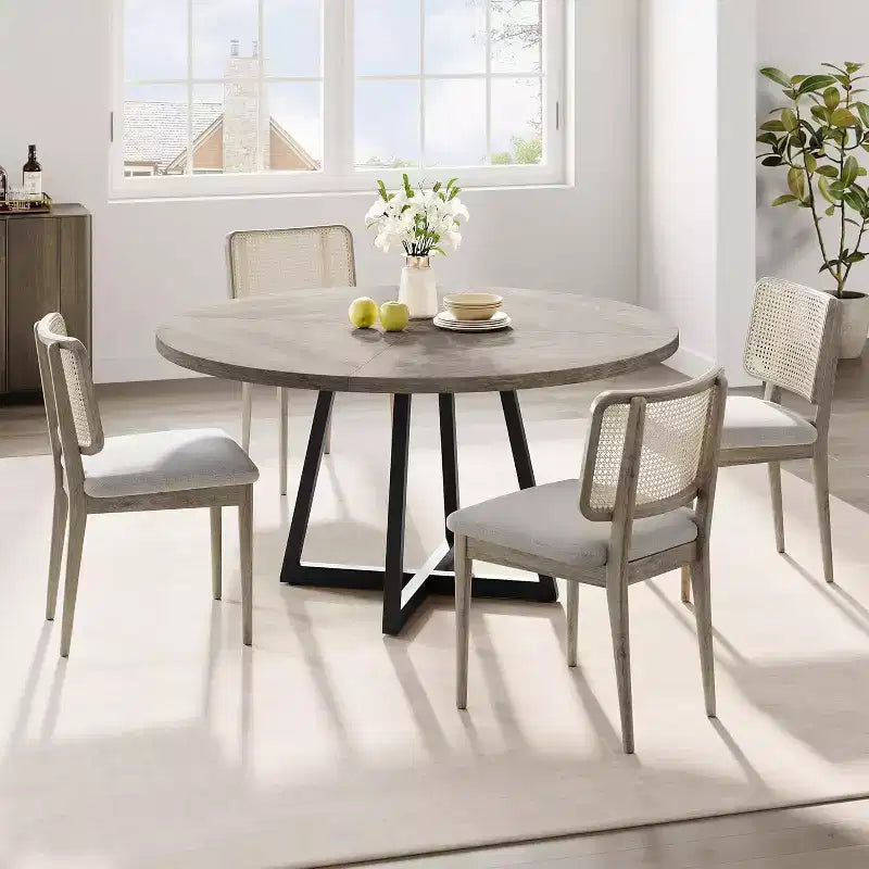 Table à manger ronde de 120 cm pour 4 personnes, table de salle à manger industrielle avec plateau en bois et base en métal pour salle à manger ou salon, gris (SANS chaises)