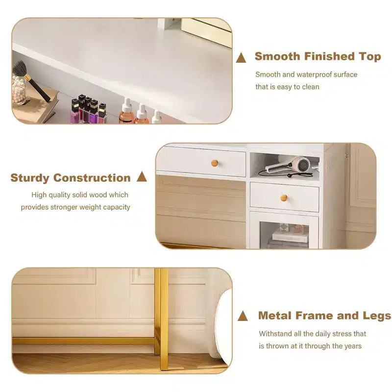 GustoWave Coiffeuse avec Miroir Éclairé, Grande Table de Maquillage avec Prise Électrique, 2 Tiroirs, 1 Armoire et Étagères de Rangement Ouvertes pour Chambre à Coucher