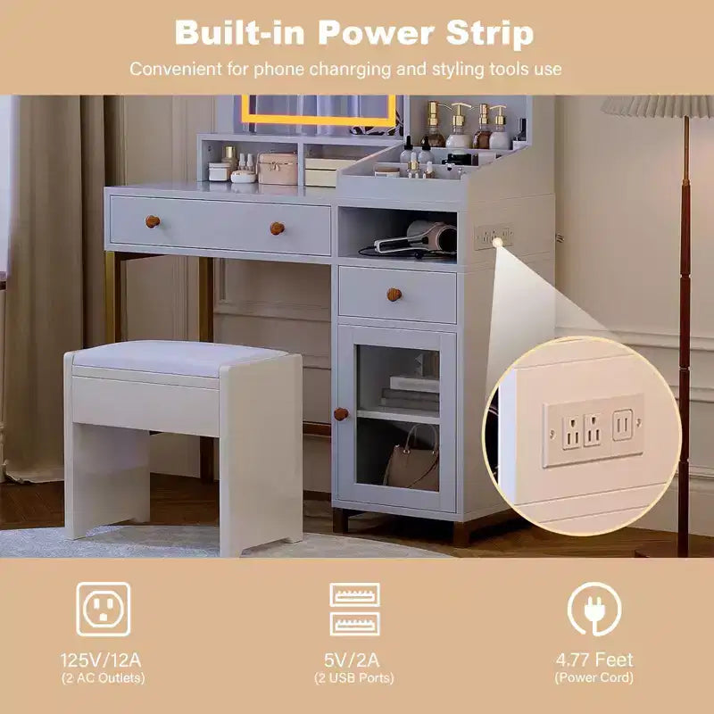 GustoWave Coiffeuse avec Miroir Éclairé, Grande Table de Maquillage avec Prise Électrique, 2 Tiroirs, 1 Armoire et Étagères de Rangement Ouvertes pour Chambre à Coucher