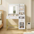 GustoWave Coiffeuse avec Miroir Éclairé, Grande Table de Maquillage avec Prise Électrique, 2 Tiroirs, 1 Armoire et Étagères de Rangement Ouvertes pour Chambre à Coucher