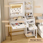 GustoWave Coiffeuse avec Miroir Éclairé, Grande Table de Maquillage avec Prise Électrique, 2 Tiroirs, 1 Armoire et Étagères de Rangement Ouvertes pour Chambre à Coucher