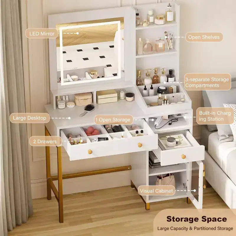 GustoWave Coiffeuse avec Miroir Éclairé, Grande Table de Maquillage avec Prise Électrique, 2 Tiroirs, 1 Armoire et Étagères de Rangement Ouvertes pour Chambre à Coucher