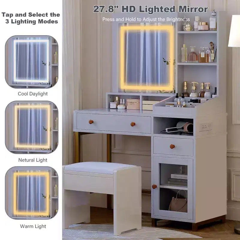 GustoWave Coiffeuse avec Miroir Éclairé, Grande Table de Maquillage avec Prise Électrique, 2 Tiroirs, 1 Armoire et Étagères de Rangement Ouvertes pour Chambre à Coucher
