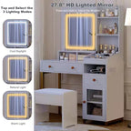 GustoWave Coiffeuse avec Miroir Éclairé, Grande Table de Maquillage avec Prise Électrique, 2 Tiroirs, 1 Armoire et Étagères de Rangement Ouvertes pour Chambre à Coucher