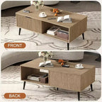 41.3 Table basse en bois à double niveau de rangement, portes coulissantes ondulées, table rectangulaire rustique de ferme pour salon et bureau