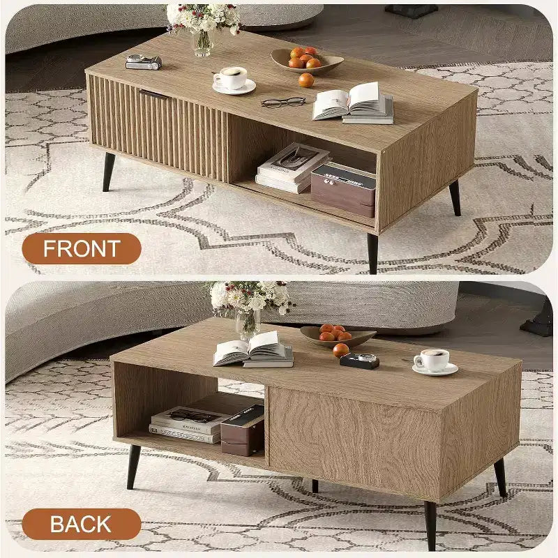 41.3 Table basse en bois à double niveau de rangement, portes coulissantes ondulées, table rectangulaire rustique de ferme pour salon et bureau
