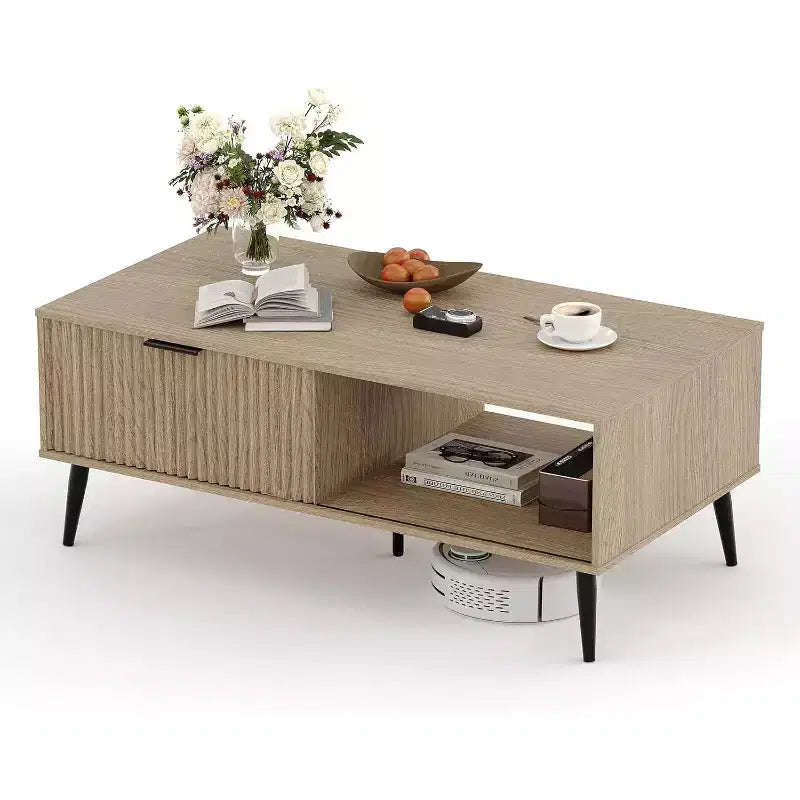 41.3 Table basse en bois à double niveau de rangement, portes coulissantes ondulées, table rectangulaire rustique de ferme pour salon et bureau