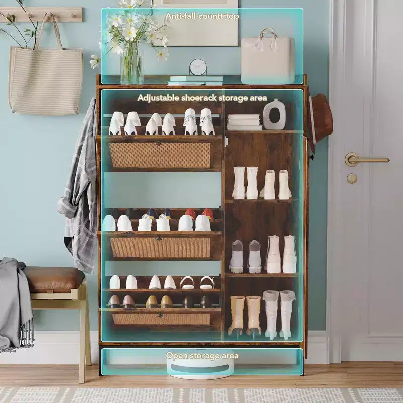 Meuble à chaussures en rotin, Meubles à chaussures avec 3 tiroirs basculants, Organisateur de rangement à chaussures étroit sur pied avec étagères réglables