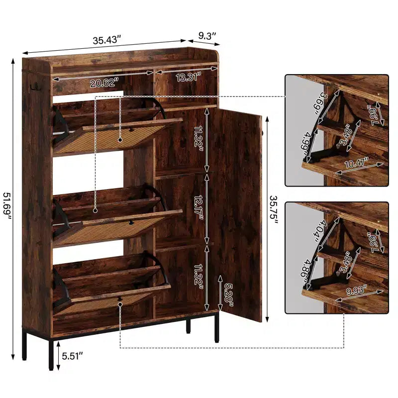 Meuble à chaussures en rotin, Meubles à chaussures avec 3 tiroirs basculants, Organisateur de rangement à chaussures étroit sur pied avec étagères réglables