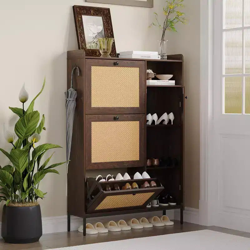 Meuble à chaussures en rotin, Meubles à chaussures avec 3 tiroirs basculants, Organisateur de rangement à chaussures étroit sur pied avec étagères réglables