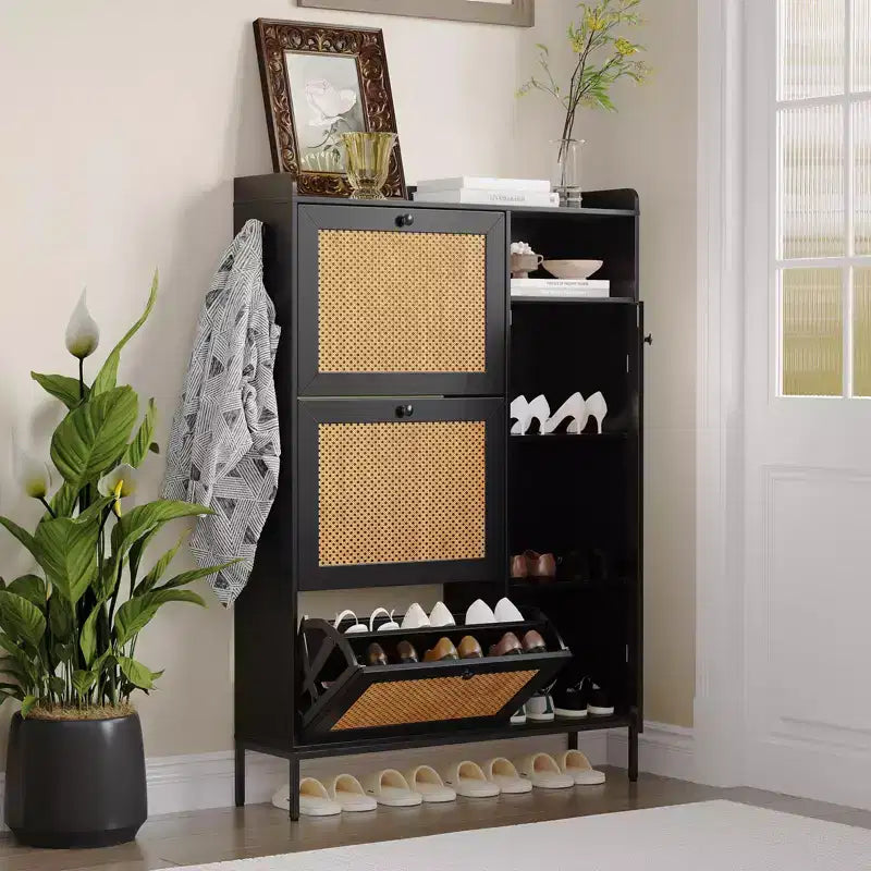 Meuble à chaussures en rotin, Meubles à chaussures avec 3 tiroirs basculants, Organisateur de rangement à chaussures étroit sur pied avec étagères réglables