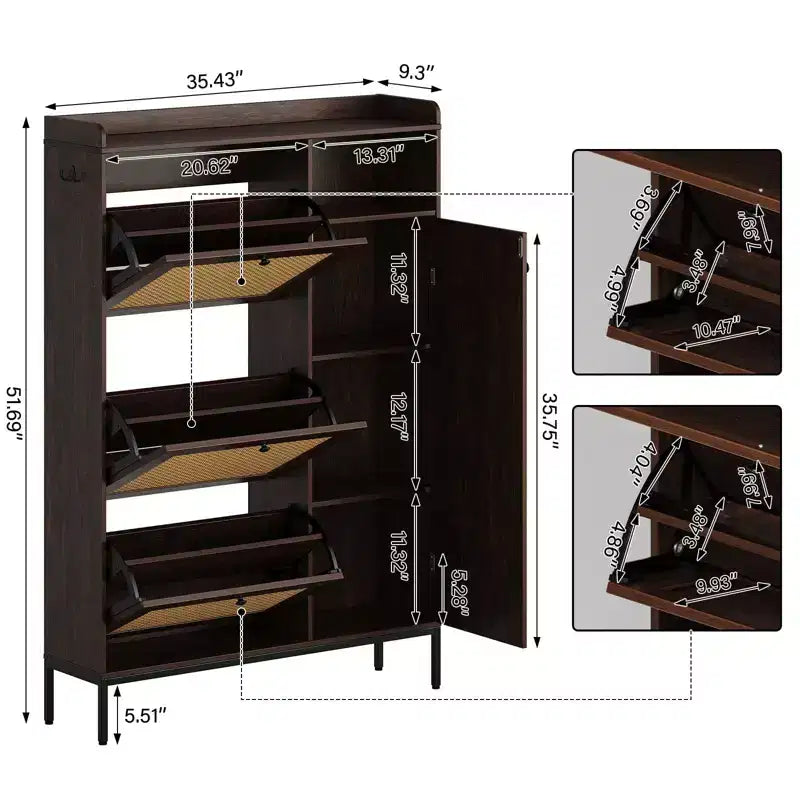 Meuble à chaussures en rotin, Meubles à chaussures avec 3 tiroirs basculants, Organisateur de rangement à chaussures étroit sur pied avec étagères réglables