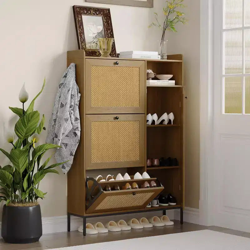 Meuble à chaussures en rotin, Meubles à chaussures avec 3 tiroirs basculants, Organisateur de rangement à chaussures étroit sur pied avec étagères réglables