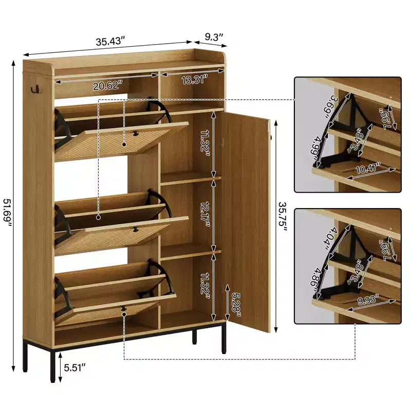 Meuble à chaussures en rotin, Meubles à chaussures avec 3 tiroirs basculants, Organisateur de rangement à chaussures étroit sur pied avec étagères réglables