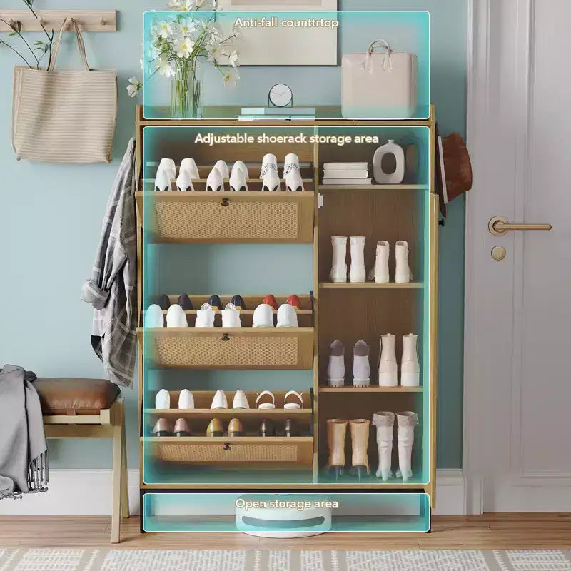 Meuble à chaussures en rotin, Meubles à chaussures avec 3 tiroirs basculants, Organisateur de rangement à chaussures étroit sur pied avec étagères réglables