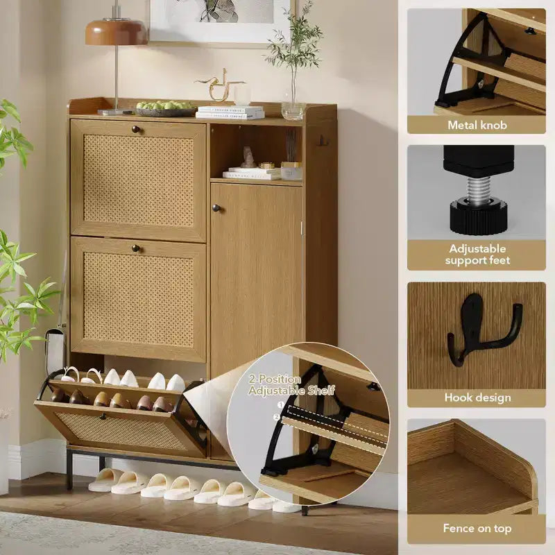 Meuble à chaussures en rotin, Meubles à chaussures avec 3 tiroirs basculants, Organisateur de rangement à chaussures étroit sur pied avec étagères réglables