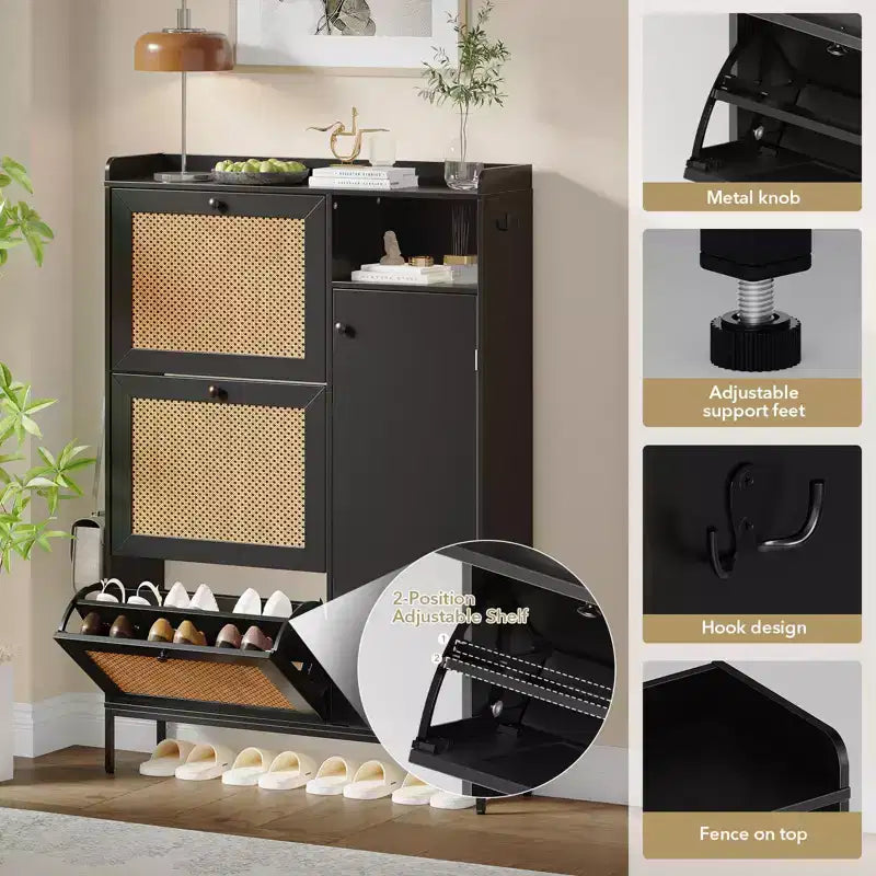 Meuble à chaussures en rotin, Meubles à chaussures avec 3 tiroirs basculants, Organisateur de rangement à chaussures étroit sur pied avec étagères réglables
