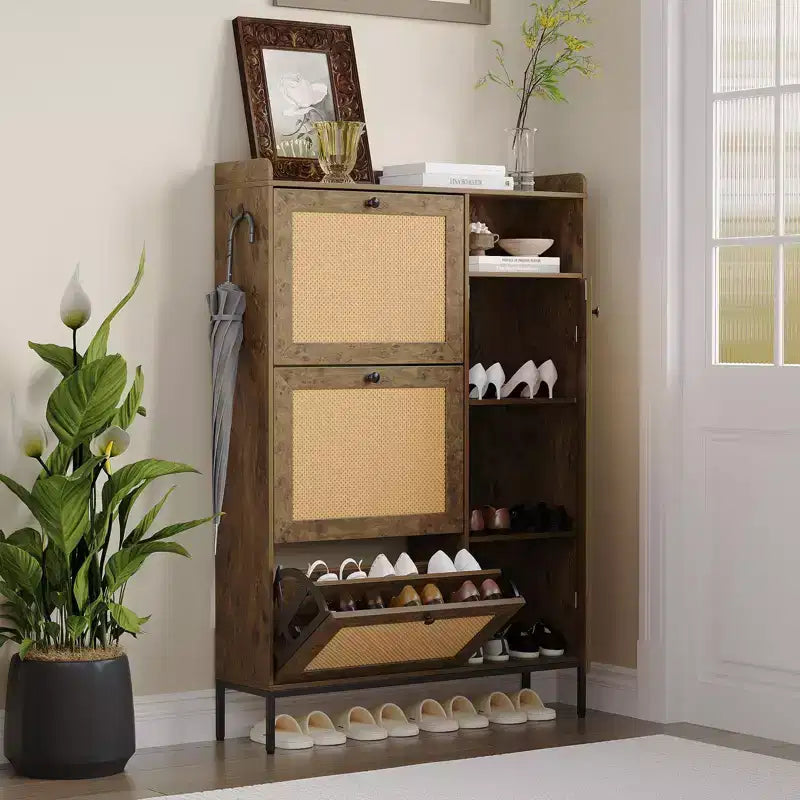 Meuble à chaussures en rotin, Meubles à chaussures avec 3 tiroirs basculants, Organisateur de rangement à chaussures étroit sur pied avec étagères réglables