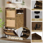 Meuble à chaussures en rotin, Meubles à chaussures avec 3 tiroirs basculants, Organisateur de rangement à chaussures étroit sur pied avec étagères réglables