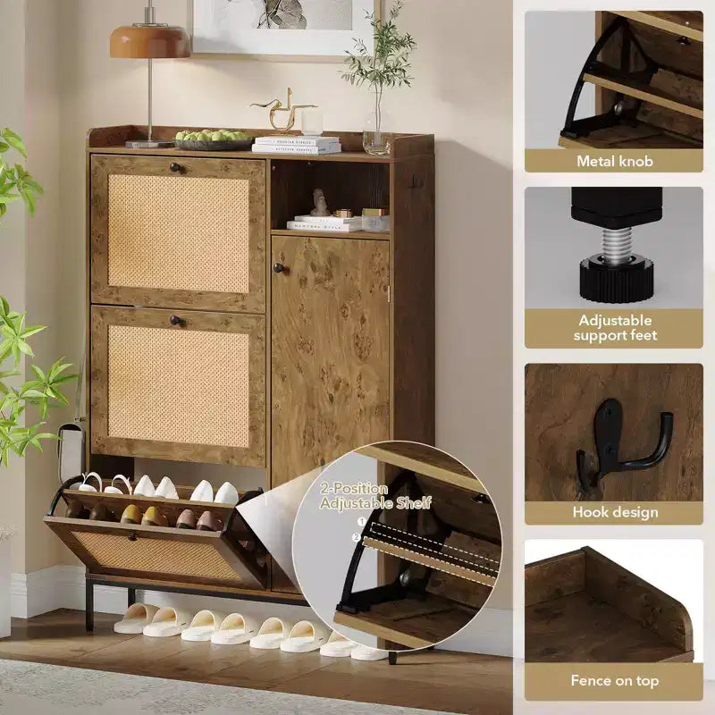 Meuble à chaussures en rotin, Meubles à chaussures avec 3 tiroirs basculants, Organisateur de rangement à chaussures étroit sur pied avec étagères réglables