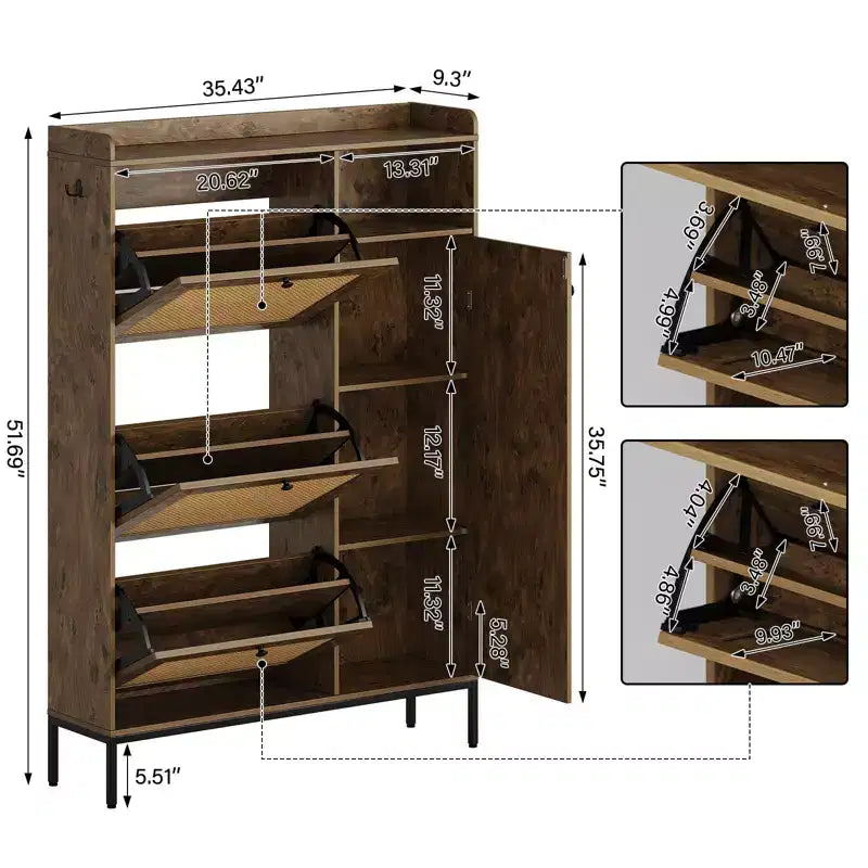 Meuble à chaussures en rotin, Meubles à chaussures avec 3 tiroirs basculants, Organisateur de rangement à chaussures étroit sur pied avec étagères réglables