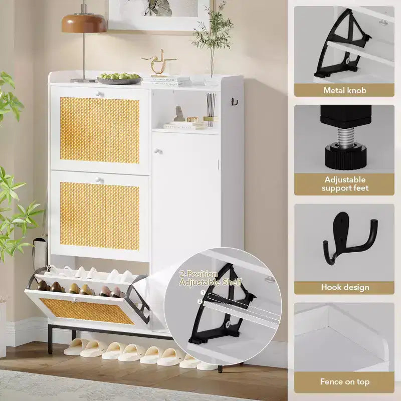 Meuble à chaussures en rotin, Meubles à chaussures avec 3 tiroirs basculants, Organisateur de rangement à chaussures étroit sur pied avec étagères réglables