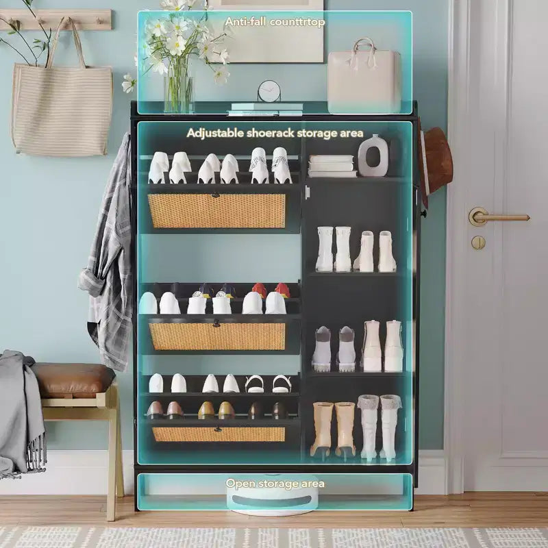 Meuble à chaussures en rotin, Meubles à chaussures avec 3 tiroirs basculants, Organisateur de rangement à chaussures étroit sur pied avec étagères réglables