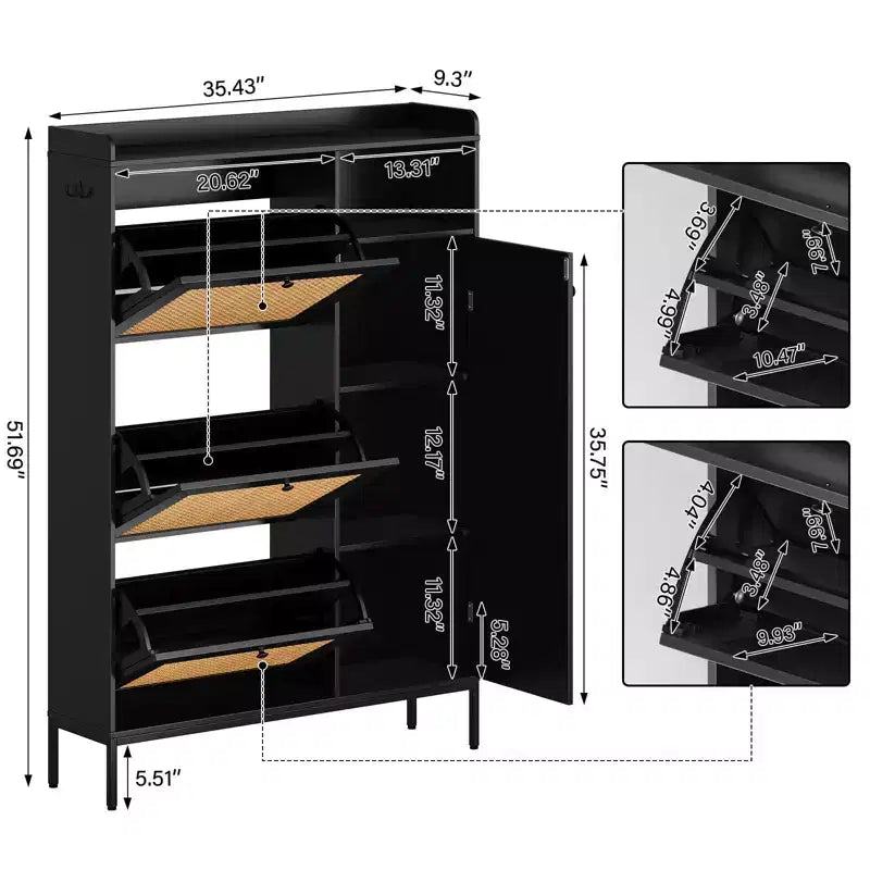Meuble à chaussures en rotin, Meubles à chaussures avec 3 tiroirs basculants, Organisateur de rangement à chaussures étroit sur pied avec étagères réglables