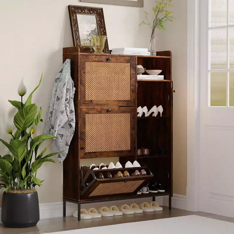 Meuble à chaussures en rotin, Meubles à chaussures avec 3 tiroirs basculants, Organisateur de rangement à chaussures étroit sur pied avec étagères réglables