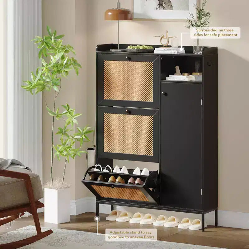 Rattan Shoe Cabinet, Shoe Cabinets with 3 Flip Drawers, Free Standing Narrow Shoe Storage Organizer with Adjustable Shelves