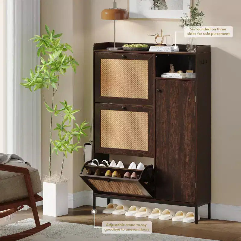 Meuble à chaussures en rotin, Meubles à chaussures avec 3 tiroirs basculants, Organisateur de rangement à chaussures étroit sur pied avec étagères réglables
