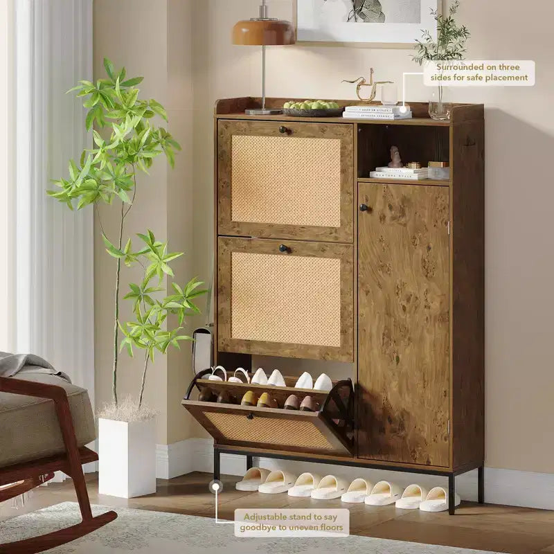 Meuble à chaussures en rotin, Meubles à chaussures avec 3 tiroirs basculants, Organisateur de rangement à chaussures étroit sur pied avec étagères réglables