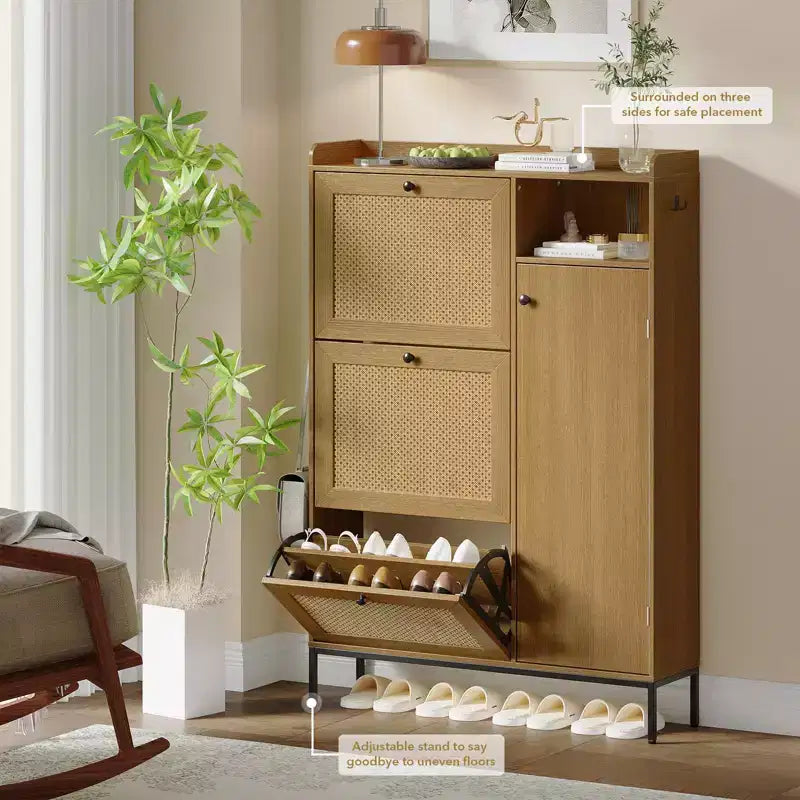 Meuble à chaussures en rotin, Meubles à chaussures avec 3 tiroirs basculants, Organisateur de rangement à chaussures étroit sur pied avec étagères réglables
