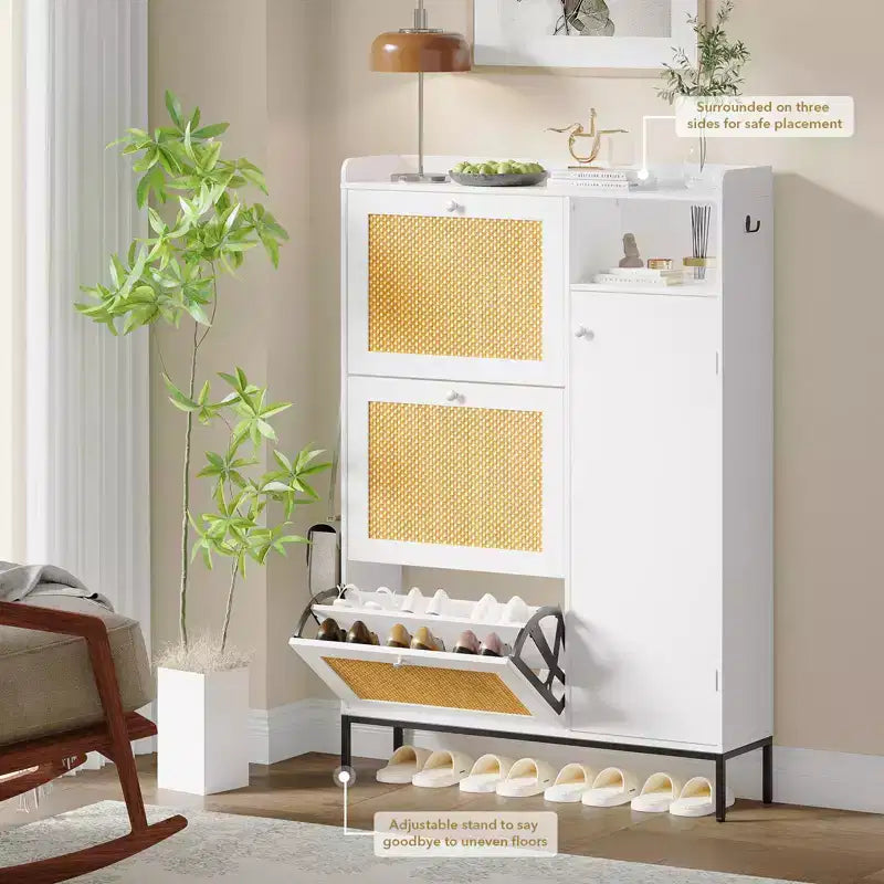 Meuble à chaussures en rotin, Meubles à chaussures avec 3 tiroirs basculants, Organisateur de rangement à chaussures étroit sur pied avec étagères réglables