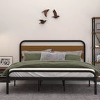 Cadre de lit, Cadre de lit plateforme avec tête de lit en bois, Sommier métallique avec rangement, Pas besoin de sommier tapissier, Montage facile