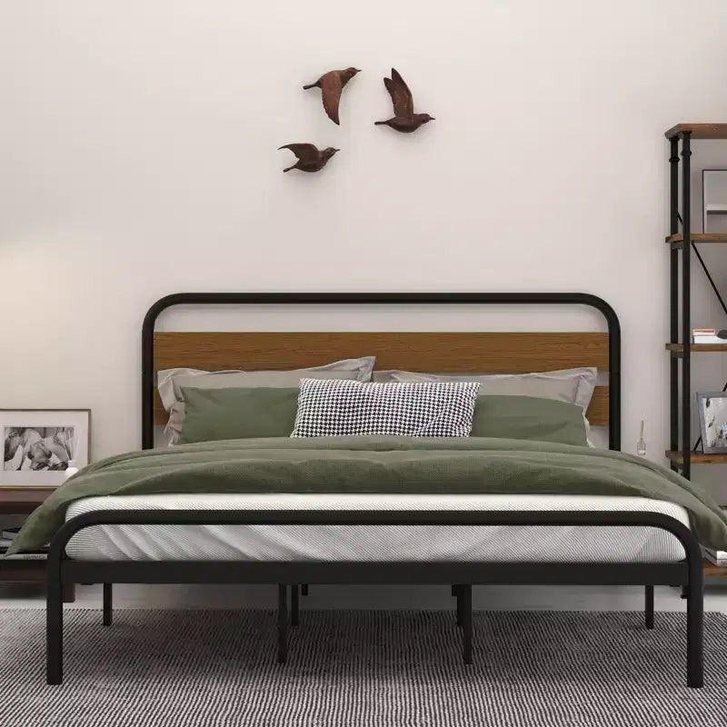 Cadre de lit, Cadre de lit plateforme avec tête de lit en bois, Sommier métallique avec rangement, Pas besoin de sommier tapissier, Montage facile