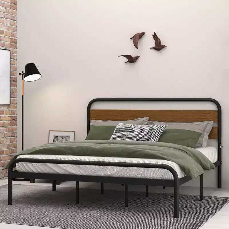 Cadre de lit, Cadre de lit plateforme avec tête de lit en bois, Sommier métallique avec rangement, Pas besoin de sommier tapissier, Montage facile