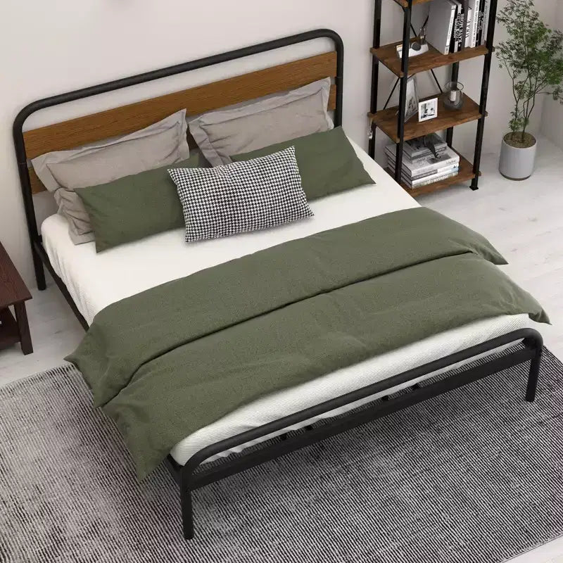 Bed Frame, Platform Bed Frame with Wooden Headboard, Metal Bed Mattress Foundation with Storage, No Box Spring Needed, Easy Assembly