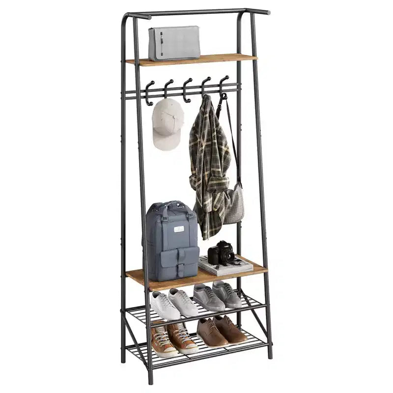 Banc de couloir avec rangement Hall Trees, organisateur de couloir multifonctionnel, meuble d'appoint aspect bois avec cadre en métal (5 crochets-64 cm)