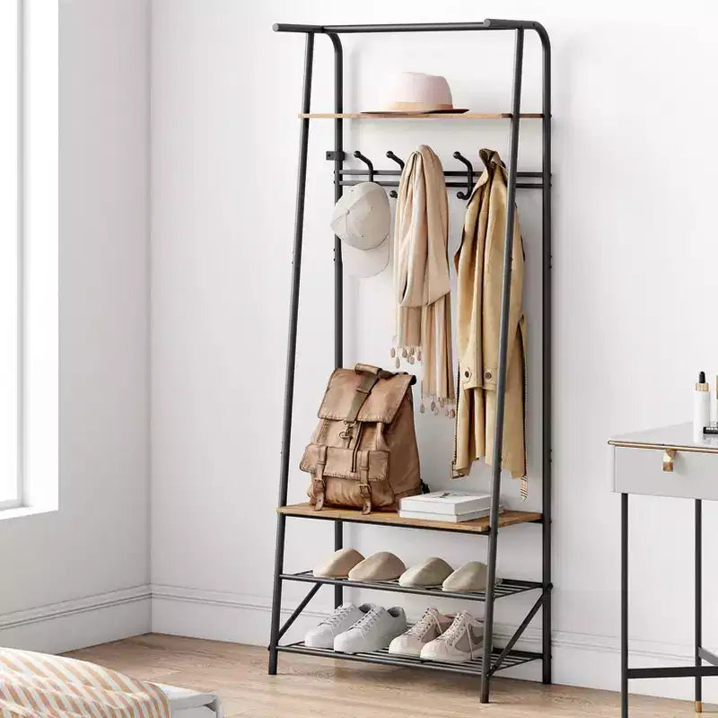 Banc de couloir avec rangement Hall Trees, organisateur de couloir multifonctionnel, meuble d'appoint aspect bois avec cadre en métal (5 crochets-64 cm)
