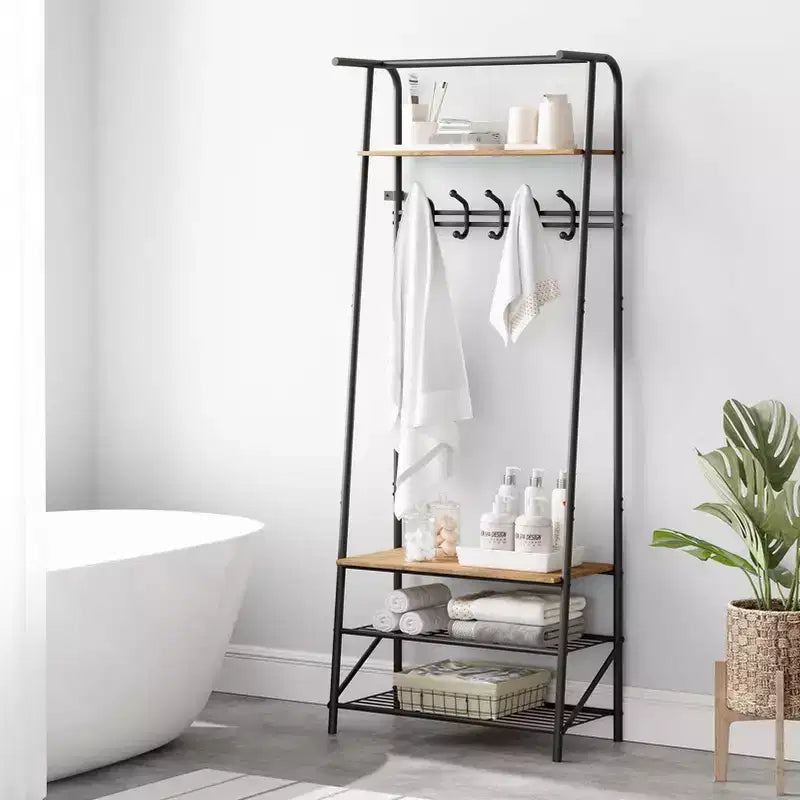 Banc de couloir avec rangement Hall Trees, organisateur de couloir multifonctionnel, meuble d'appoint aspect bois avec cadre en métal (5 crochets-64 cm)