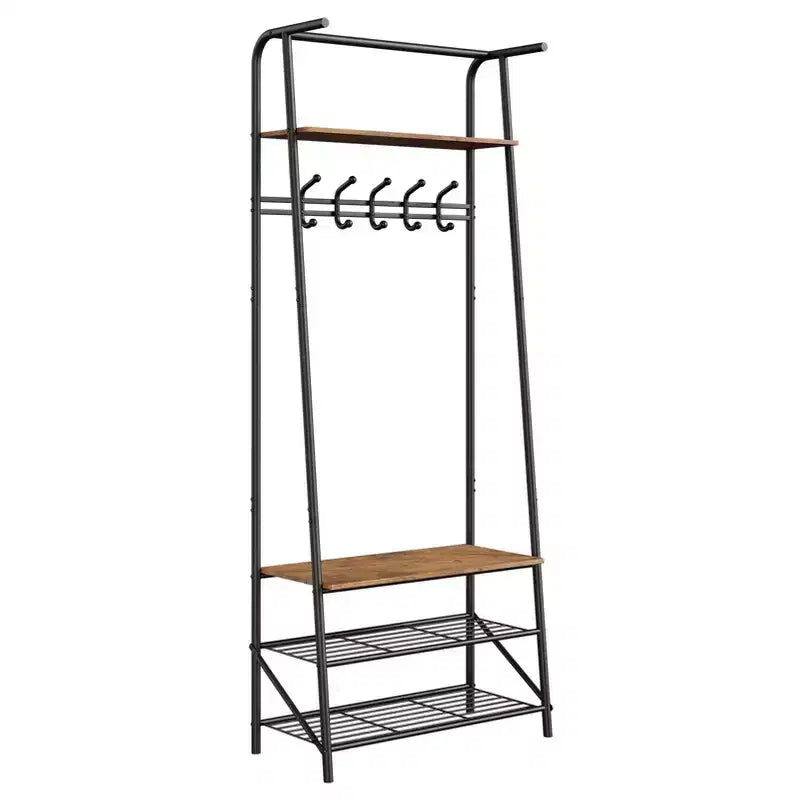 Banc de couloir avec rangement Hall Trees, organisateur de couloir multifonctionnel, meuble d'appoint aspect bois avec cadre en métal (5 crochets-64 cm)