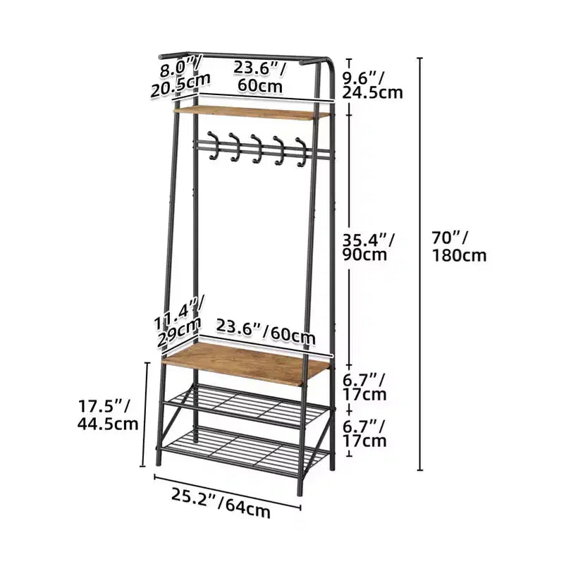 Banc de couloir avec rangement Hall Trees, organisateur de couloir multifonctionnel, meuble d'appoint aspect bois avec cadre en métal (5 crochets-64 cm)