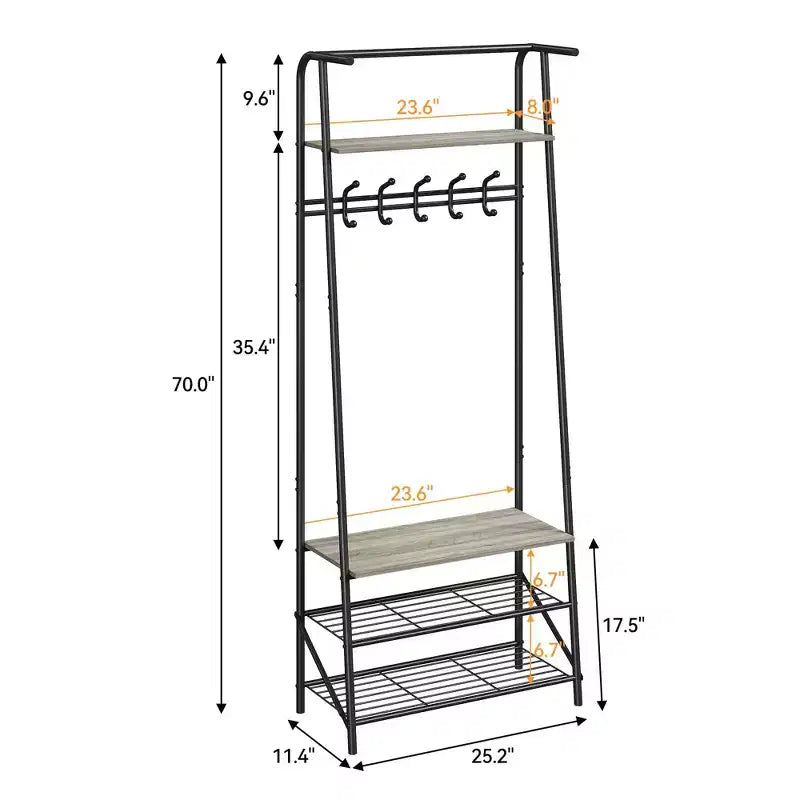 Banc de couloir avec rangement Hall Trees, organisateur de couloir multifonctionnel, meuble d'appoint aspect bois avec cadre en métal (5 crochets-64 cm)