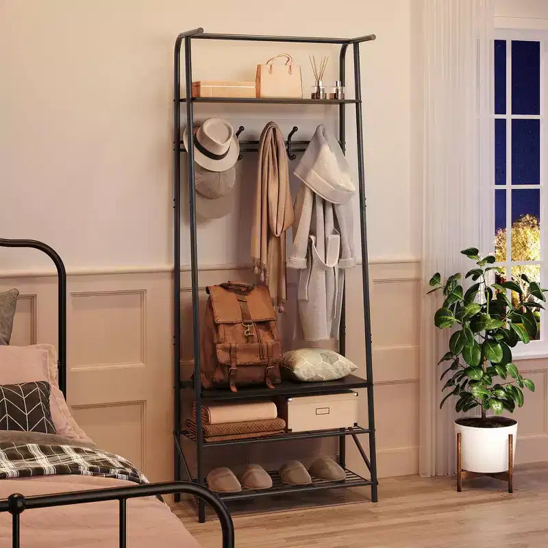 Banc de couloir avec rangement Hall Trees, organisateur de couloir multifonctionnel, meuble d'appoint aspect bois avec cadre en métal (5 crochets-64 cm)
