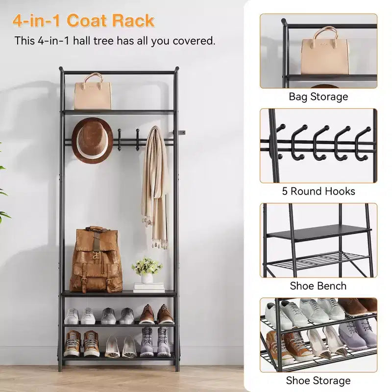 Banc de couloir avec rangement Hall Trees, organisateur de couloir multifonctionnel, meuble d'appoint aspect bois avec cadre en métal (5 crochets-64 cm)