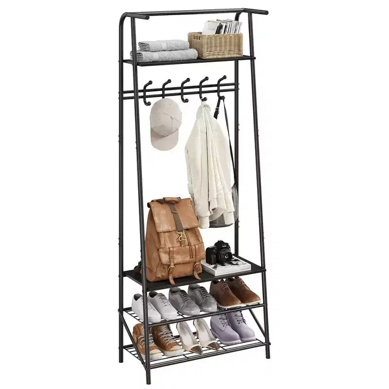 Banc de couloir avec rangement Hall Trees, organisateur de couloir multifonctionnel, meuble d'appoint aspect bois avec cadre en métal (5 crochets-64 cm)