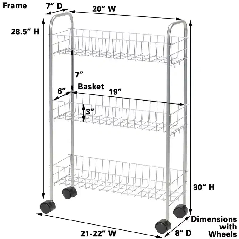 Chariot de rangement fin Household Essentials, chariot de rangement à 3 étagères avec roues, argenté
