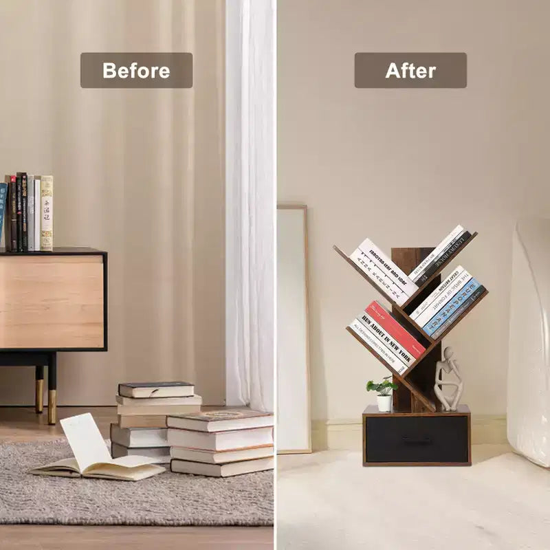 Bibliothèque moderne à 4 étagères, en forme d'arbre, meuble de rangement en bois, pour livres/CD/films, pour bureau à domicile, salon, chambre à coucher